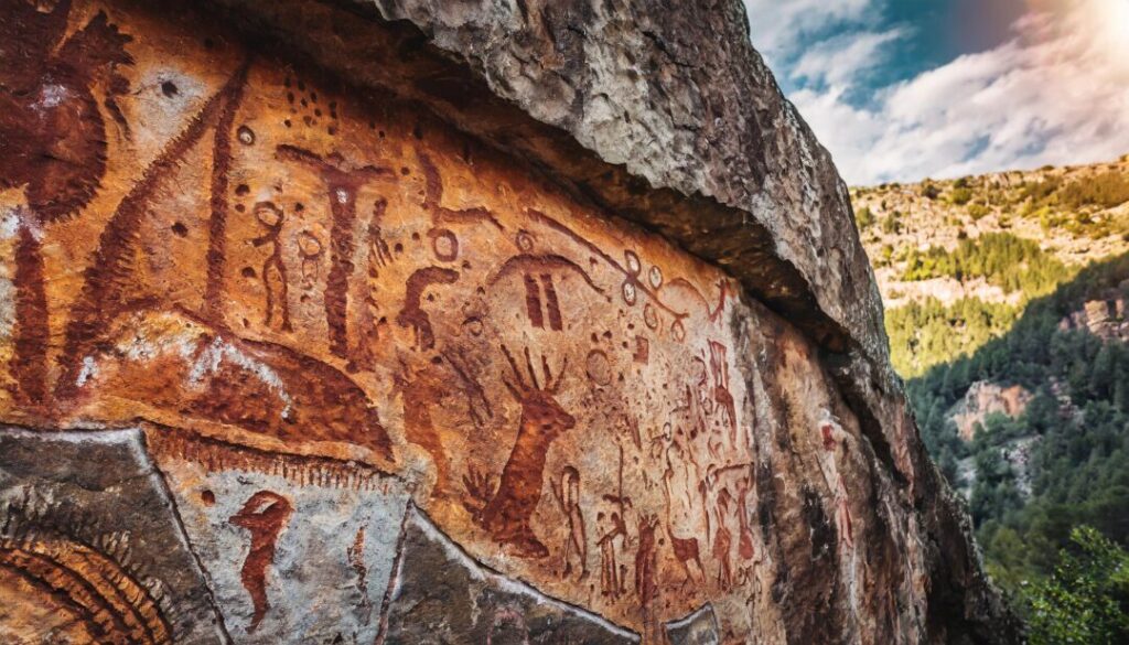 dettaglio parete di roccia graffiti preistorici, scene di caccia 45407